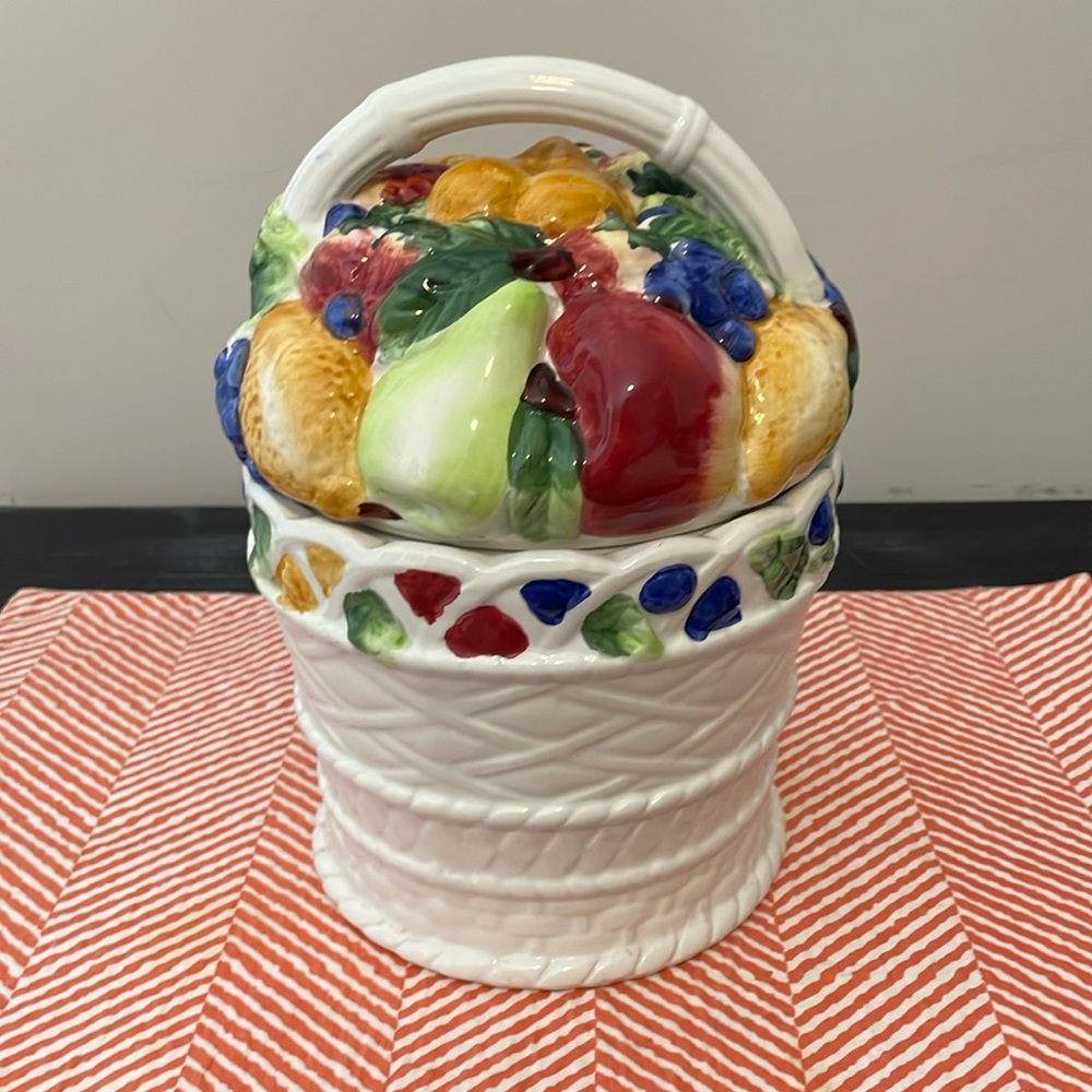 Vintage Alco Ceramic Cookie Jar Canister. White Basket with Fruit design lid.